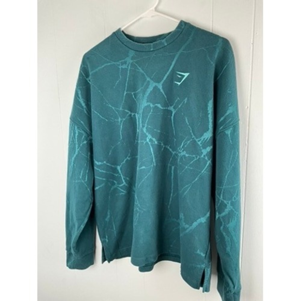 Gymshark Mens Long Sleeve Marble Print Training Top Teal Green Size M